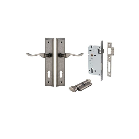 IVER Stirling Door Lever Handle On Stepped Backplate | Entrance Kit (Key/Thumb) | 8 Finishes - Distressed Nickel