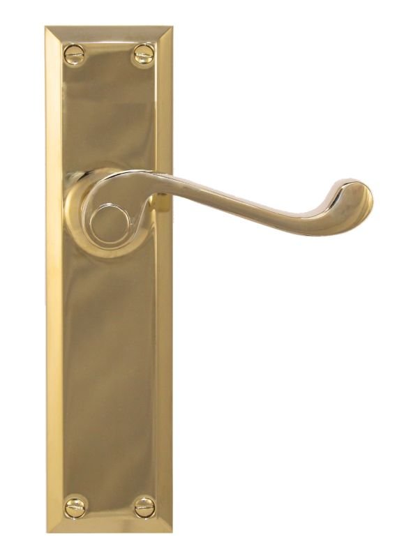 Gold door handle with matching plate on a white background