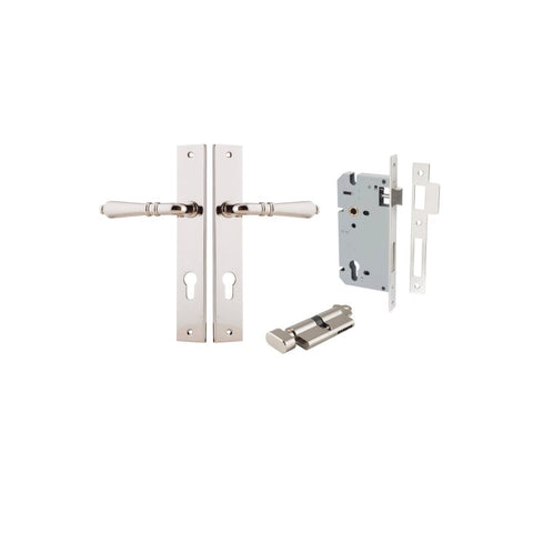 IVER Sarlat Lever Door Handle On Rectangular Backplate | Entrance Kit (Key/Thumb) | 10 Finishes - Polished Nickel