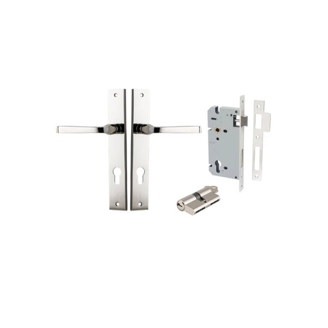 IVER Annecy Door Lever Handle On Rectangular Backplate | Entrance Kit (Key/Key) | 9 Finishes - Polished Nickel