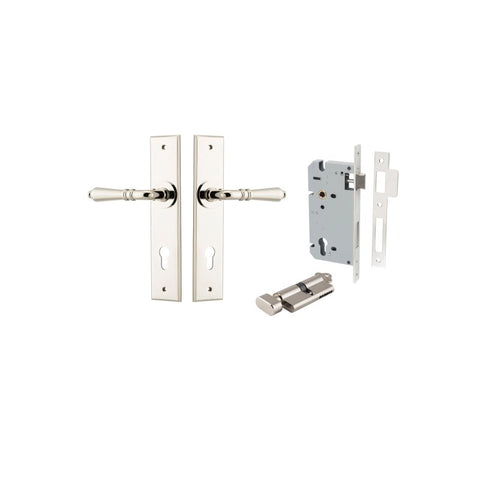 IVER Sarlat Door Lever Handle On Chamfered Backplate | Entrance Kit (Key/Thumb) | 10 Finishes - Polished Nickel