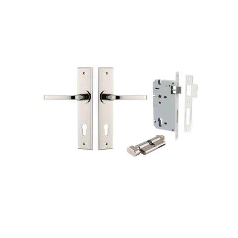 IVER Annecy Door Lever Handle On Chamfered Backplate | Entrance Kit (Key/Thumb) | 9 Finishes - Polished Nickel
