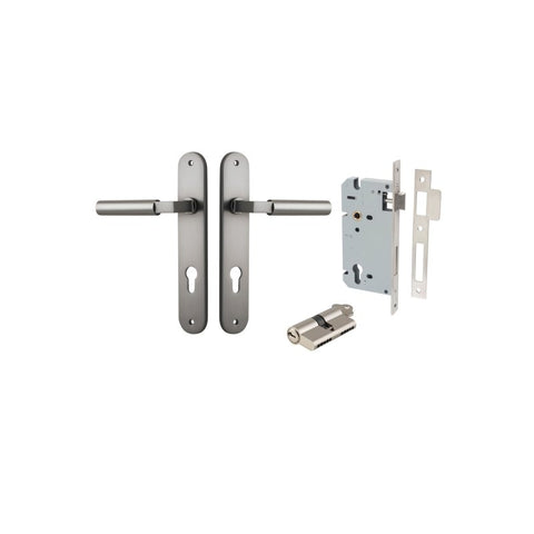 Iver Berlin Solid Brass Door Lever on Oval Backplate | Entrance Kit (Key/Key) | 7 Finishes - Satin Nickel