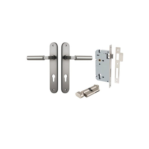 Iver Berlin Solid Brass Door Lever on Oval Backplate | Entrance Kit (Key/Thumb) | 7 Finishes - Satin Nickel
