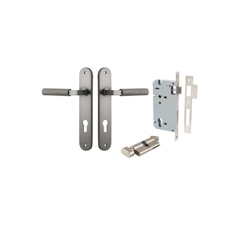 Iver Brunswick Solid Brass Door Lever on Oval Backplate | Entrance Kit (Key/Thumb) | 6 Finishes - Satin Nickel