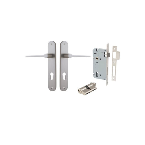 IVER Como Door Lever Handle On Oval Backplate | Entrance Kit (Key/Key) | 7 Finishes - Satin Nickel