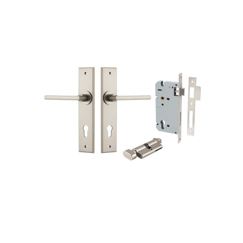 Iver Baltimore Door Lever Handle on Chamfered Backplate | Entrance Kit (Key/Thumb) | 7 Finishes - Satin Nickel