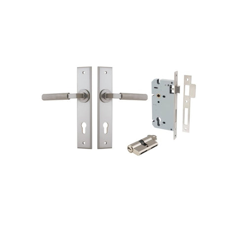 IVER Brunswick Door Lever Handle On Chamfered Backplate | Entrance Kit (Key/Key) | 6 Finishes - Satin Nickel