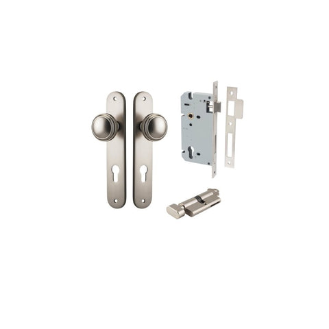 IVER Paddington Door Knob On Oval Backplate | Entrance Kit (Key/Thumb) | 9 Finishes - Satin Nickel