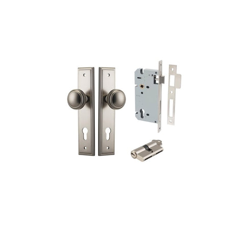 IVER Paddington Door Knob On Stepped Backplate | Entrance Kit (Key/Key) | 9 Finishes - Satin Nickel