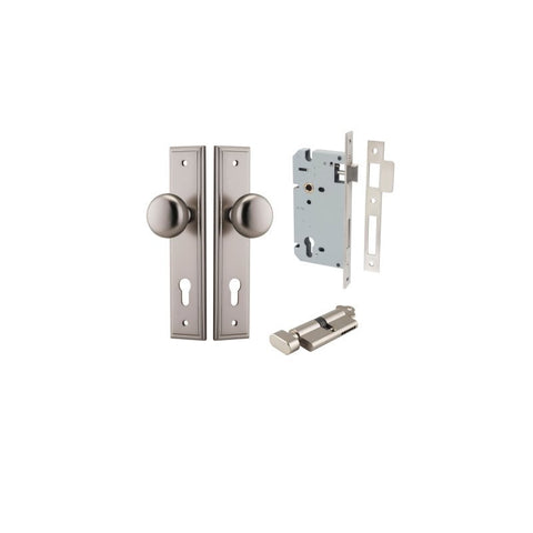 IVER Cambridge Door Knob On Stepped Backplate | Entrance Kit (Key/Thumb) | 9 Finishes - Satin Nickel