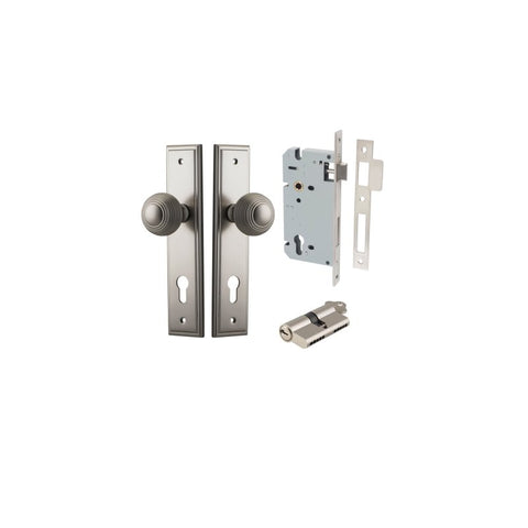 IVER Guildford Door Knob On Stepped Backplate | Entrance Kit (Key/Key) | 9 Finishes - Satin Nickel