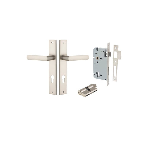 Iver Osaka Door Lever on Rectangular Backplate — Entrance Set (Key/Key) | Entrance Kit (Key/Key) | 6 Finishes - Satin Nickel