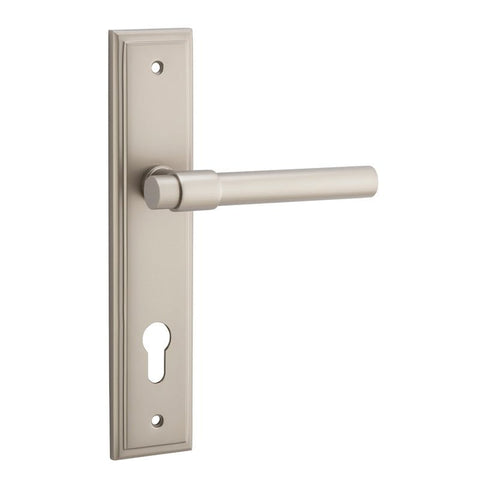 IVER Helsinki Door Lever Handle On Stepped Backplate | Entrance Lever Set Only | 7 Finishes - Satin Nickel