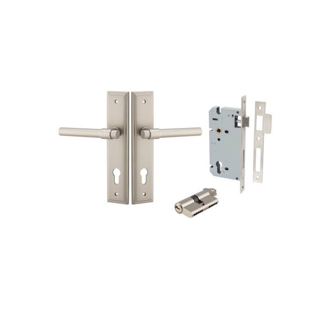 IVER Helsinki Door Lever Handle On Stepped Backplate | Entrance Kit (Key/Key) | 7 Finishes - Satin Nickel