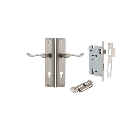 IVER Stirling Door Lever Handle On Stepped Backplate | Entrance Kit (Key/Thumb) | 8 Finishes - Satin Nickel