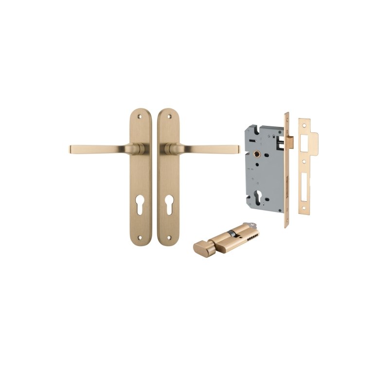 Iver Annecy Solid Brass Door Lever on Oval Backplate | Entrance Kit (Key/Thumb) | 9 Finishes - Brushed Brass
