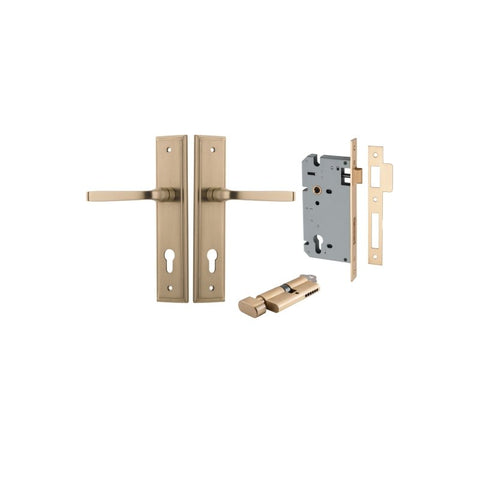 IVER Annecy Door Lever Handle On Stepped Backplate | Entrance Kit (Key/Thumb) | 9 Finishes - Brushed Brass