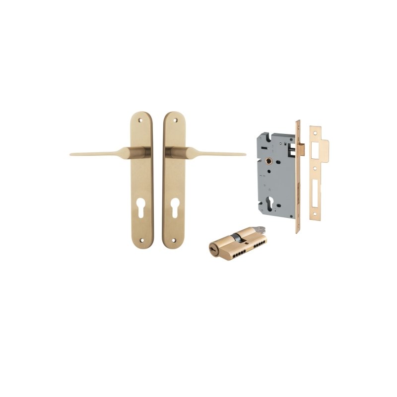 IVER Como Door Lever Handle On Oval Backplate | Entrance Kit (Key/Key) | 7 Finishes - Brushed Brass