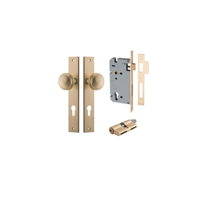 IVER Paddington Door Knob On Rectangular Backplate | Entrance Kit (Key/Key) | 9 Finishes - Brushed Brass