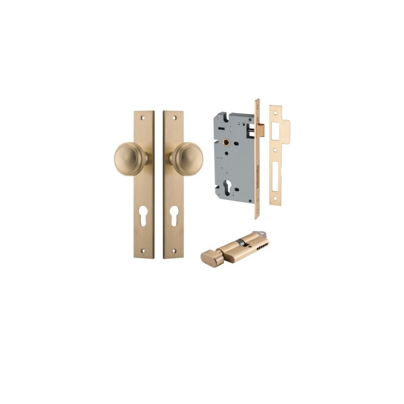IVER Paddington Door Knob On Rectangular Backplate | Entrance Kit (Key/Thumb) | 9 Finishes - Brushed Brass