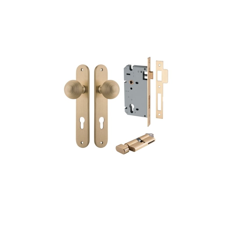 IVER Guildford Door Knob On Oval Backplate | Entrance Kit (Key/Thumb) | 9 Finishes - Brushed Brass