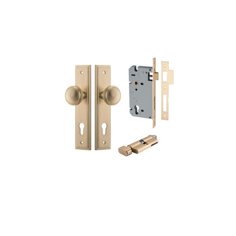 IVER Paddington Door Knob On Stepped Backplate | Entrance Kit (Key/Thumb) | 9 Finishes - Brushed Brass