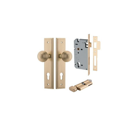IVER Guildford Door Knob On Stepped Backplate | Entrance Kit (Key/Thumb) | 9 Finishes - Brushed Brass