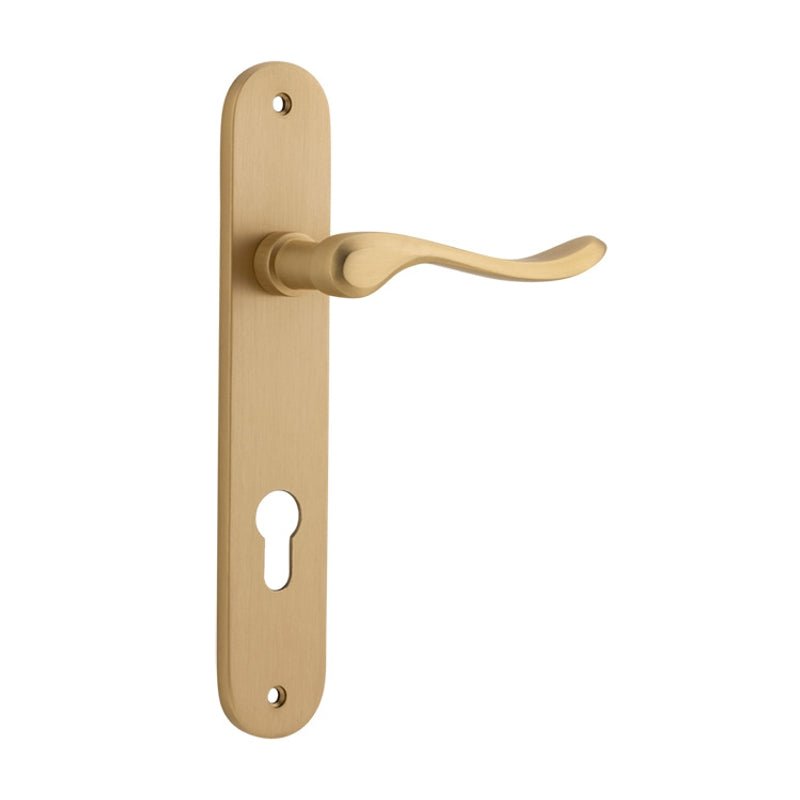 Iver Stirling Solid Brass Door Lever on Oval Backplate | Entrance Lever Set Only | 8 Finishes - Brushed Brass