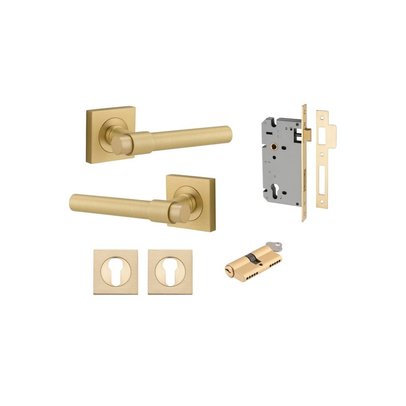 Iver Helsinki Solid Brass Door Lever on Square Rose | Entrance Kit (Key/Key) | 7 Finishes - Brushed Gold PVD