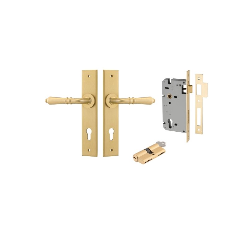 IVER Sarlat Door Lever Handle On Chamfered Backplate | Entrance Kit (Key/Key) | 10 Finishes - Brushed Gold PVD