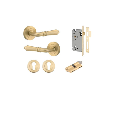 Iver Sarlat Solid Brass Door Lever on Round Rose | Entrance Kit (Key/Key) | 10 Finishes - Brushed Gold PVD