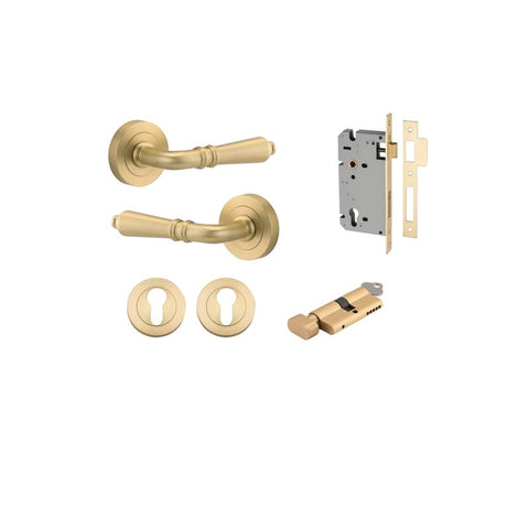 Iver Sarlat Solid Brass Door Lever on Round Rose | Entrance Kit (Key/Thumb) | 10 Finishes - Brushed Gold PVD