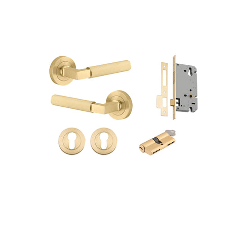 Iver Brunswick Knurled Solid Brass Door Lever Handle On Round Rose | Entrance Kit (Key/Key) | 6 Finishes - Brushed Gold PVD