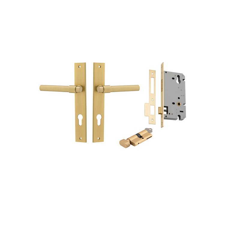 IVER Helsinki Door Lever Handle On Rectangular Backplate | Entrance Kit (Key/Thumb) | 7 Finishes - Brushed Gold PVD