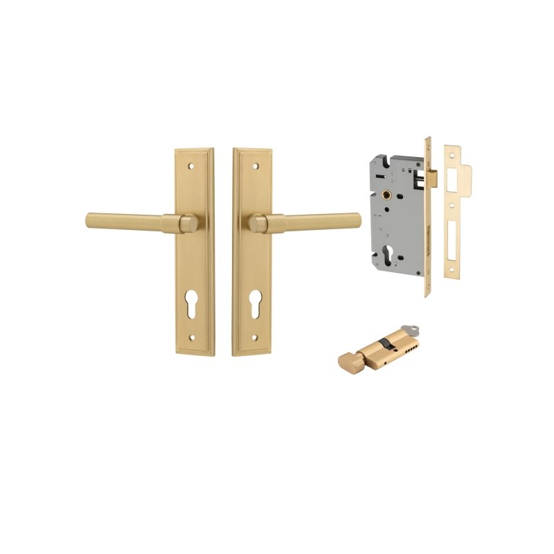 IVER Helsinki Door Lever Handle On Stepped Backplate | Entrance Kit (Key/Thumb) | 7 Finishes - Brushed Gold PVD