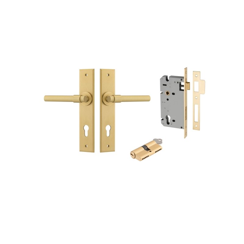 IVER Helsinki Door Lever Handle On Chamfered Backplate | Entrance Kit (Key/Key) | 7 Finishes - Brushed Gold PVD