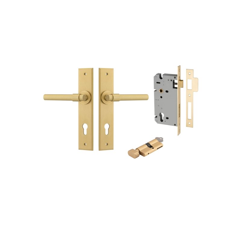 IVER Helsinki Door Lever Handle On Chamfered Backplate | Entrance Kit (Key/Thumb) | 7 Finishes - Brushed Gold PVD
