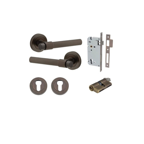 IVER Helsinki Door Lever Handle On Round Rose | Entrance Kit (Key/Key) | 7 Finishes - Signature Brass