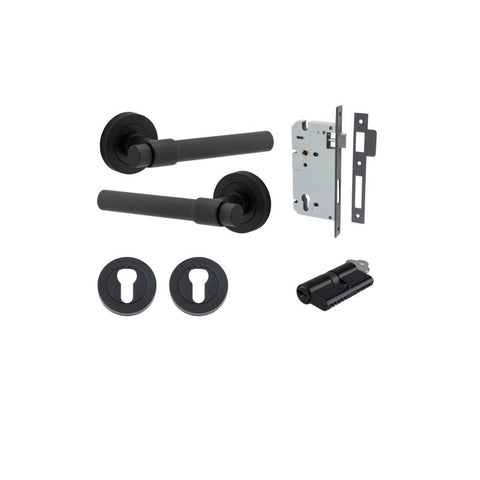IVER Helsinki Door Lever Handle On Round Rose | Entrance Kit (Key/Key) | 7 Finishes - Matt Black