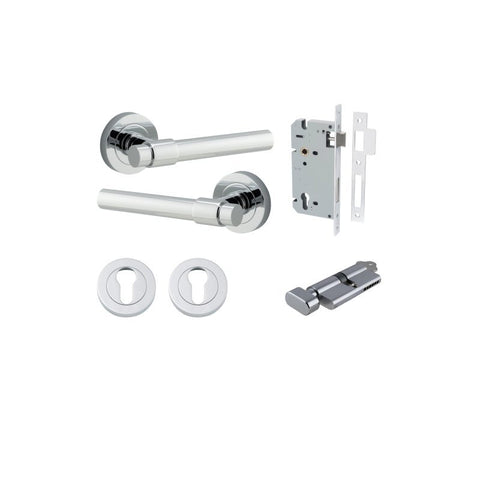 IVER Helsinki Door Lever Handle On Round Rose | Entrance Kit (Key/Thumb) | 7 Finishes - Polished Chrome