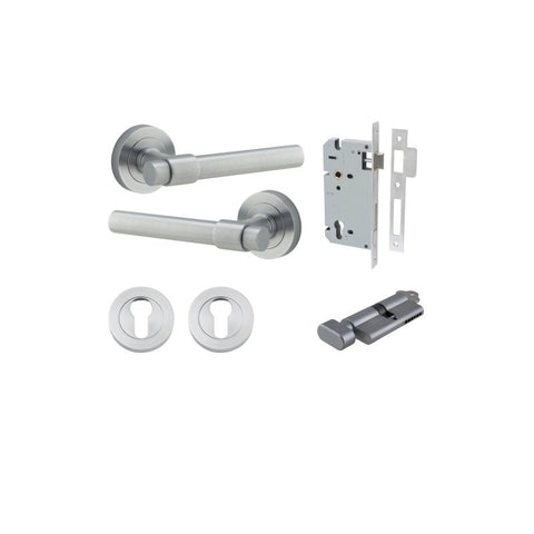 IVER Helsinki Door Lever Handle On Round Rose | Entrance Kit (Key/Thumb) | 7 Finishes - Brushed Chrome