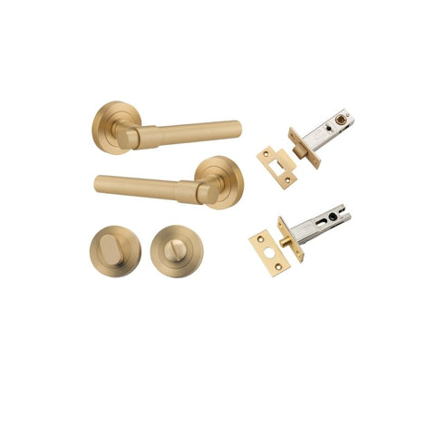 IVER Helsinki Door Lever Handle On Round Rose | Separate Privacy Kit | 7 Finishes - Brushed Brass