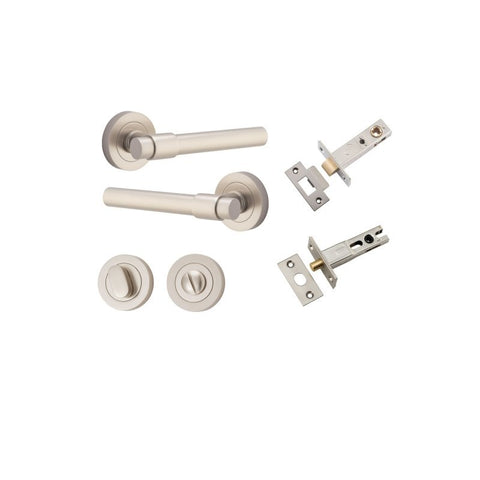 IVER Helsinki Door Lever Handle On Round Rose | Separate Privacy Kit | 7 Finishes - Satin Nickel