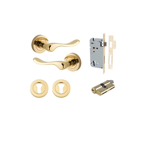 IVER Stirling Door Lever Handle On Round Rose | Entrance Kit (Key/Key) | 8 Finishes - Polished Brass