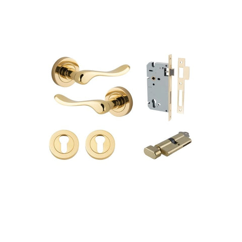 IVER Stirling Door Lever Handle On Round Rose | Entrance Kit (Key/Thumb) | 8 Finishes - Polished Brass