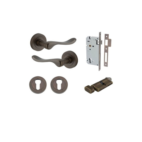 IVER Stirling Door Lever Handle On Round Rose | Entrance Kit (Key/Thumb) | 8 Finishes - Signature Brass