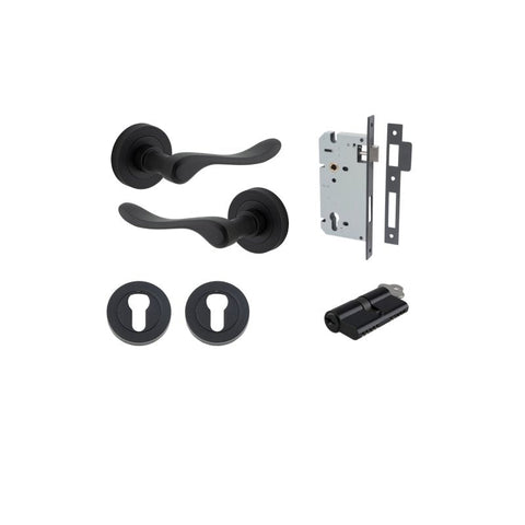 IVER Stirling Door Lever Handle On Round Rose | Entrance Kit (Key/Key) | 8 Finishes - Matt Black