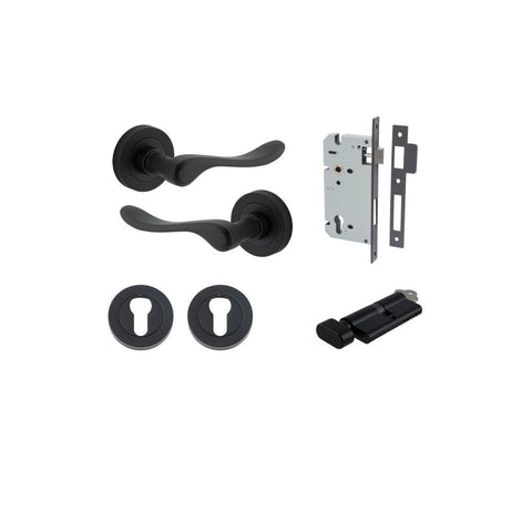 IVER Stirling Door Lever Handle On Round Rose | Entrance Kit (Key/Thumb) | 8 Finishes - Matt Black