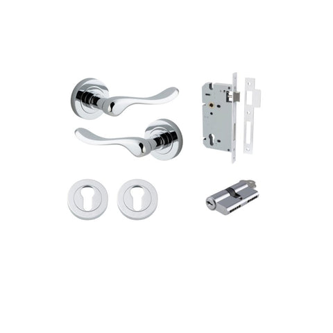 IVER Stirling Door Lever Handle On Round Rose | Entrance Kit (Key/Key) | 8 Finishes - Polished Chrome